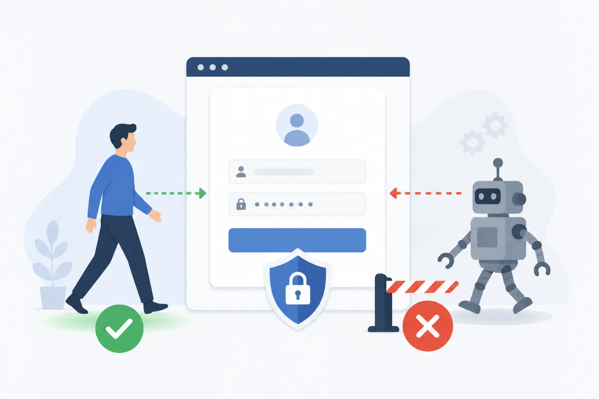Illustration of a human user and a bot both approaching a web form, with the form acting as a verification checkpoint that identifies and blocks the automated request while letting the human through