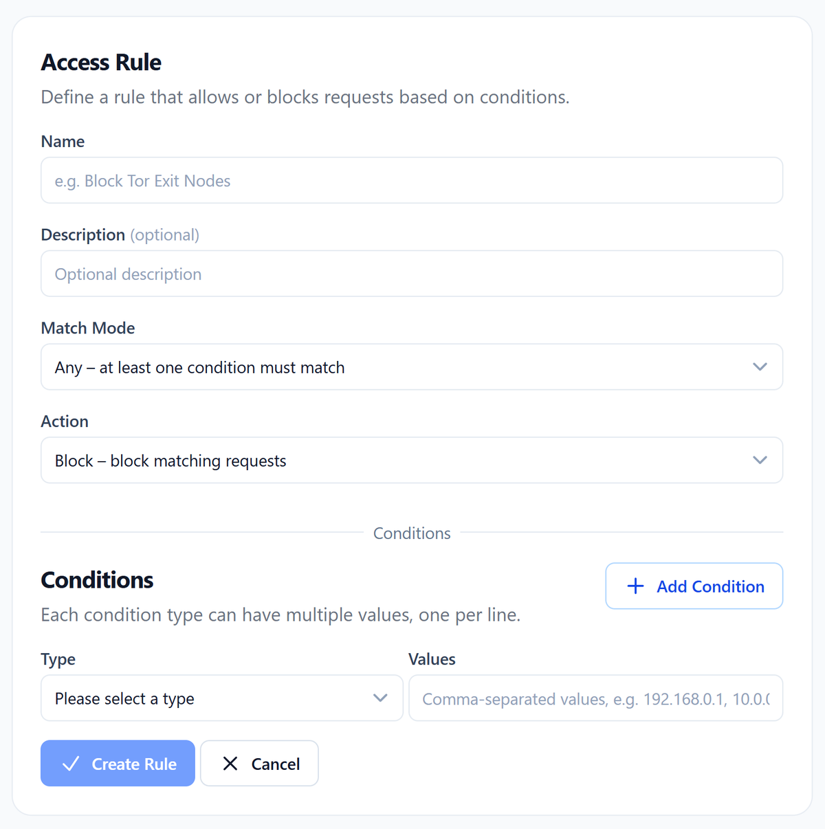 Access rule editor showing name, match mode, action, and configurable conditions