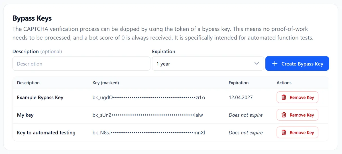 Bypass key creation and management table with description, masked key, and expiration
