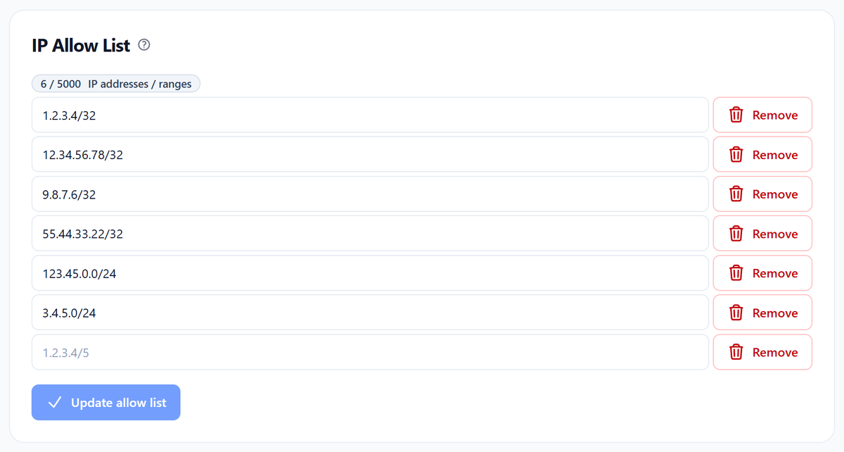IP allowlist with editable IP address and range entries
