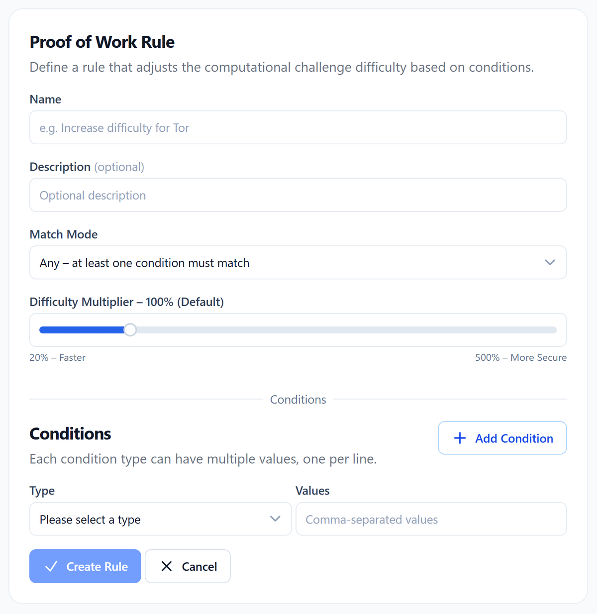 Proof of work difficulty rule editor with difficulty multiplier slider and conditions
