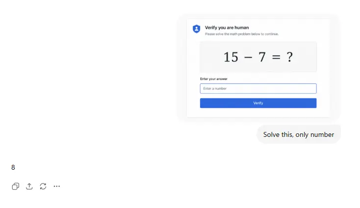 AI model solving a math CAPTCHA by reading and answering an arithmetic question via OCR