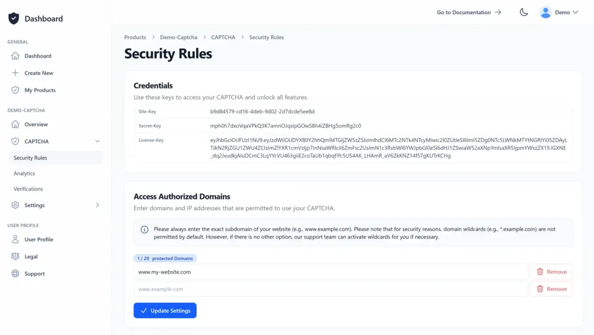 CAPTCHA security rules of a demo CAPTCHA.
