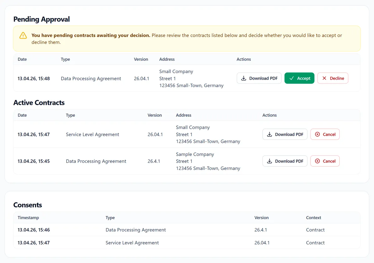 Contract management platform showing pending approvals, active contracts, and consent history