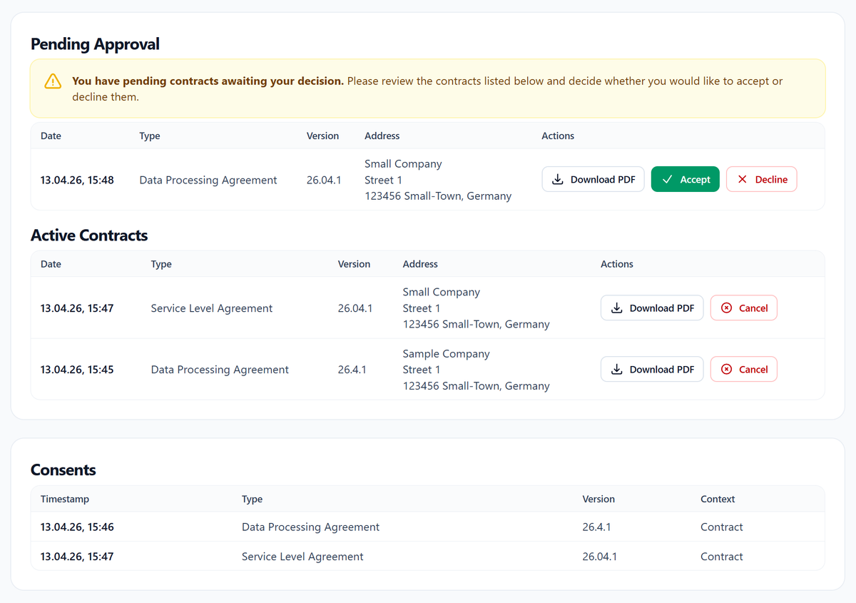 Contract management platform showing pending approvals, active contracts, and consent history