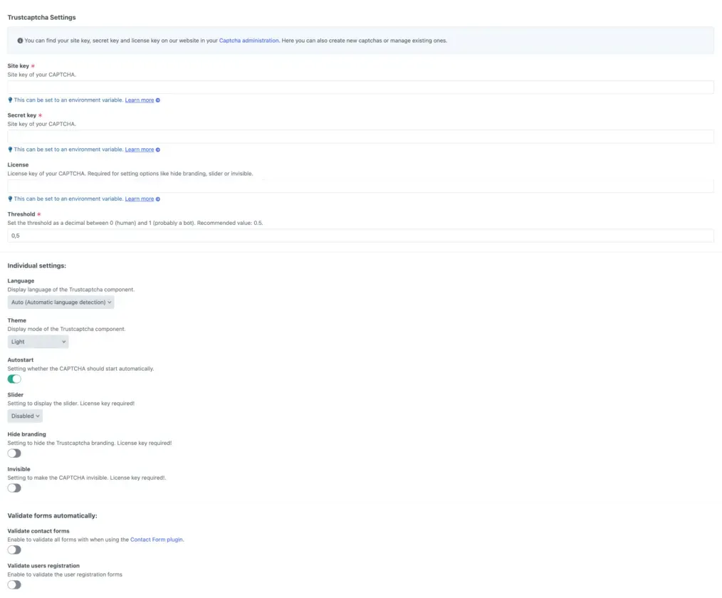 Craft CMS TrustCaptcha general settings
