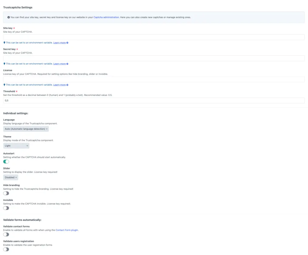 CraftCMS TrustCaptcha general settings