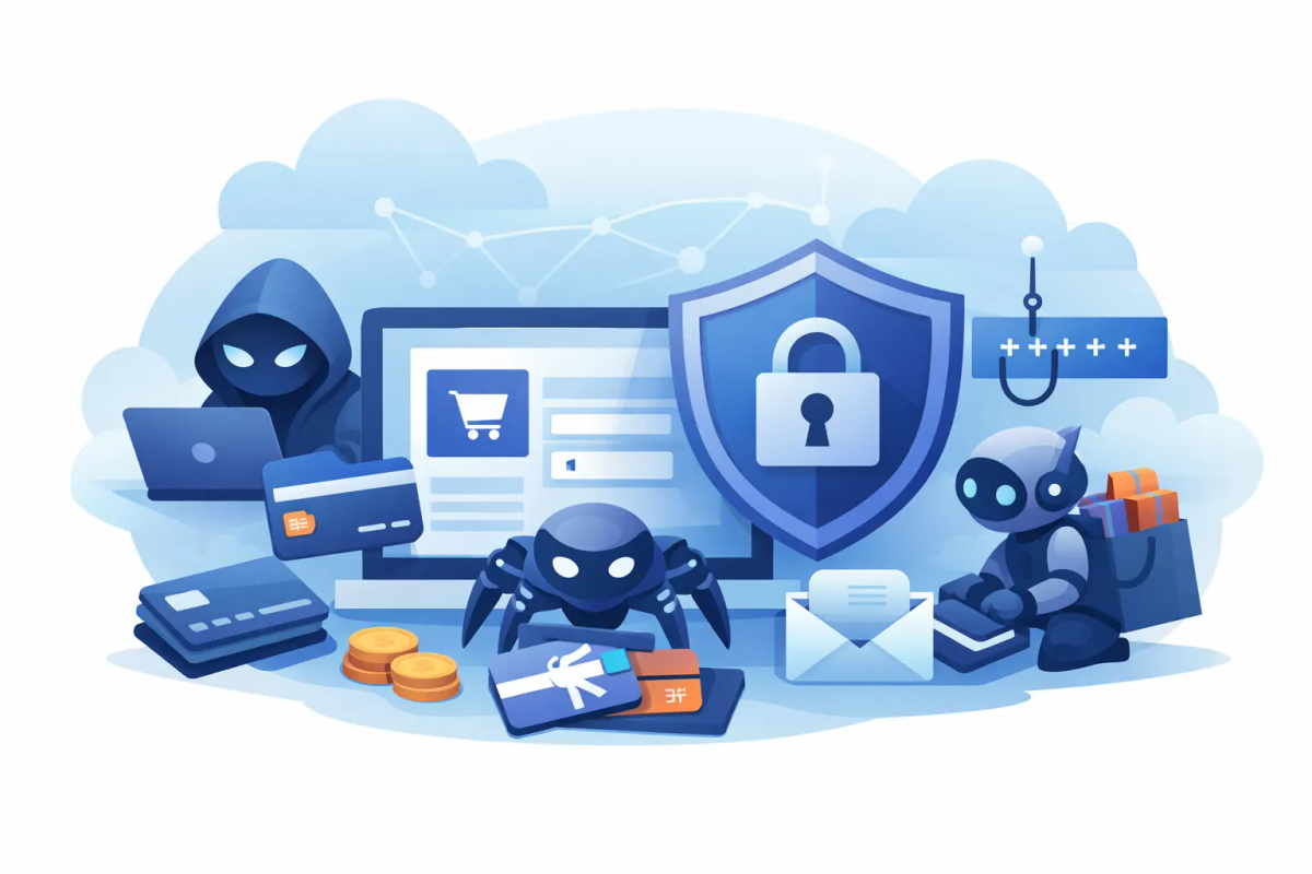 Stylized illustration of bots targeting ecommerce accounts, checkout flows, and online forms