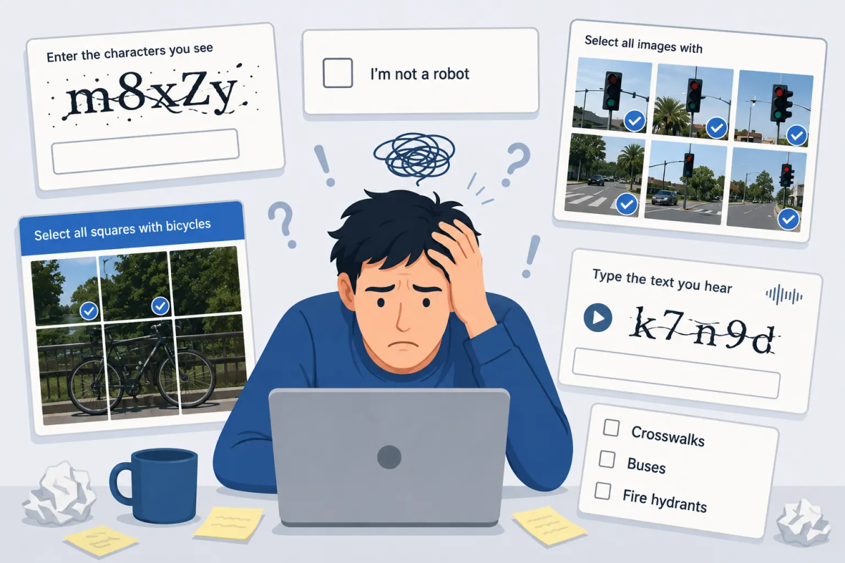 Illustration of a user surrounded by intrusive CAPTCHA puzzle challenges — image grids, distorted text fields, and checkboxes — conveying the friction and cognitive load that traditional CAPTCHAs impose during everyday form interactions