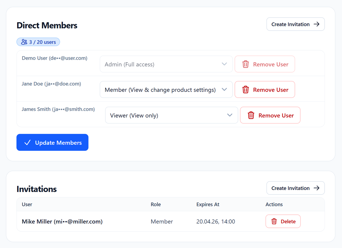 Members management showing users with Admin, Member, and Viewer roles and pending invitations