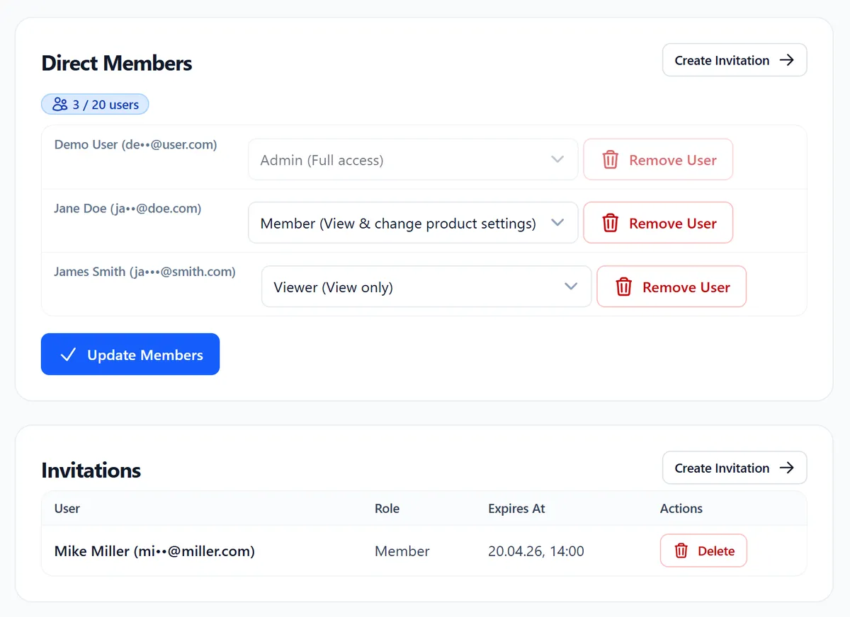 Members management showing users with their roles and pending invitations