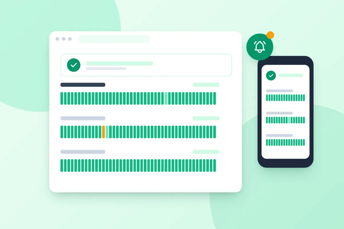 Illustration einer Statusseite mit Verfügbarkeitsbalken auf Desktop und Smartphone, mit einer Benachrichtigung für Abonnenten