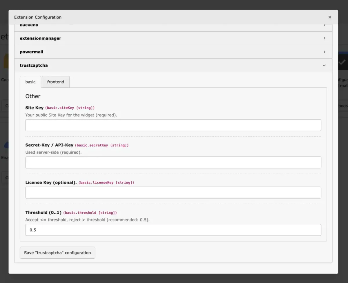 TYPO3 TrustCaptcha general settings