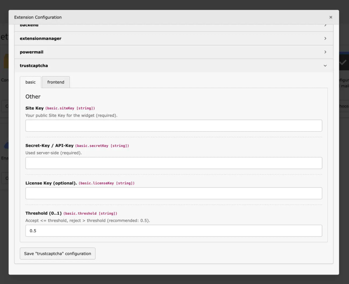 TYPO3 TrustCaptcha general settings