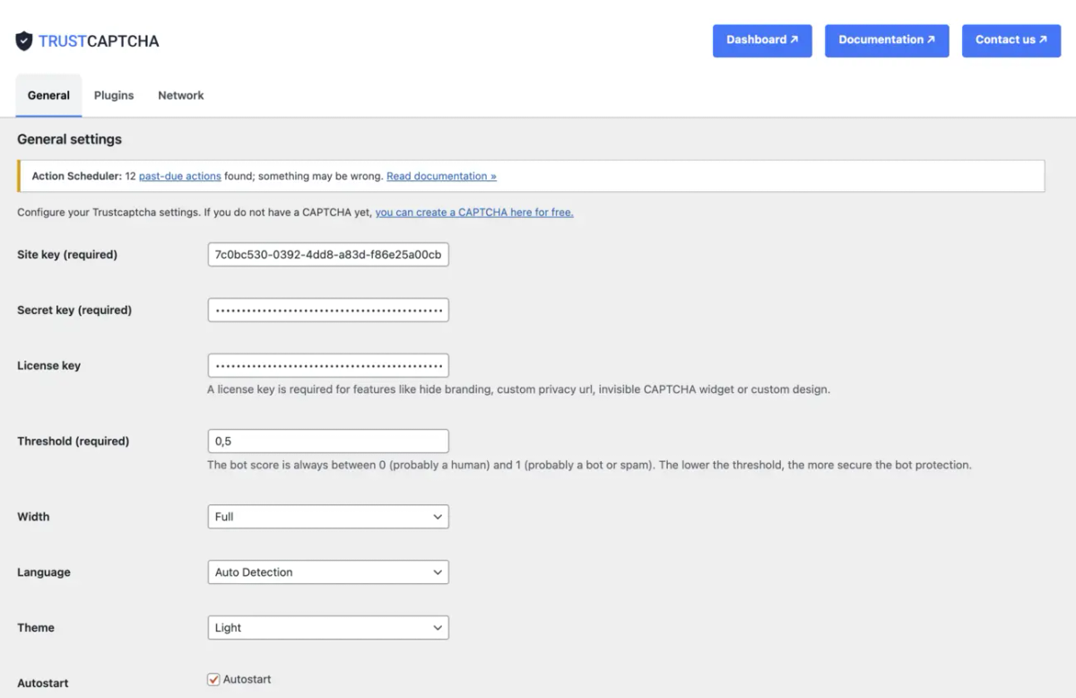 WordPress TrustCaptcha allgemeine Einstellungen