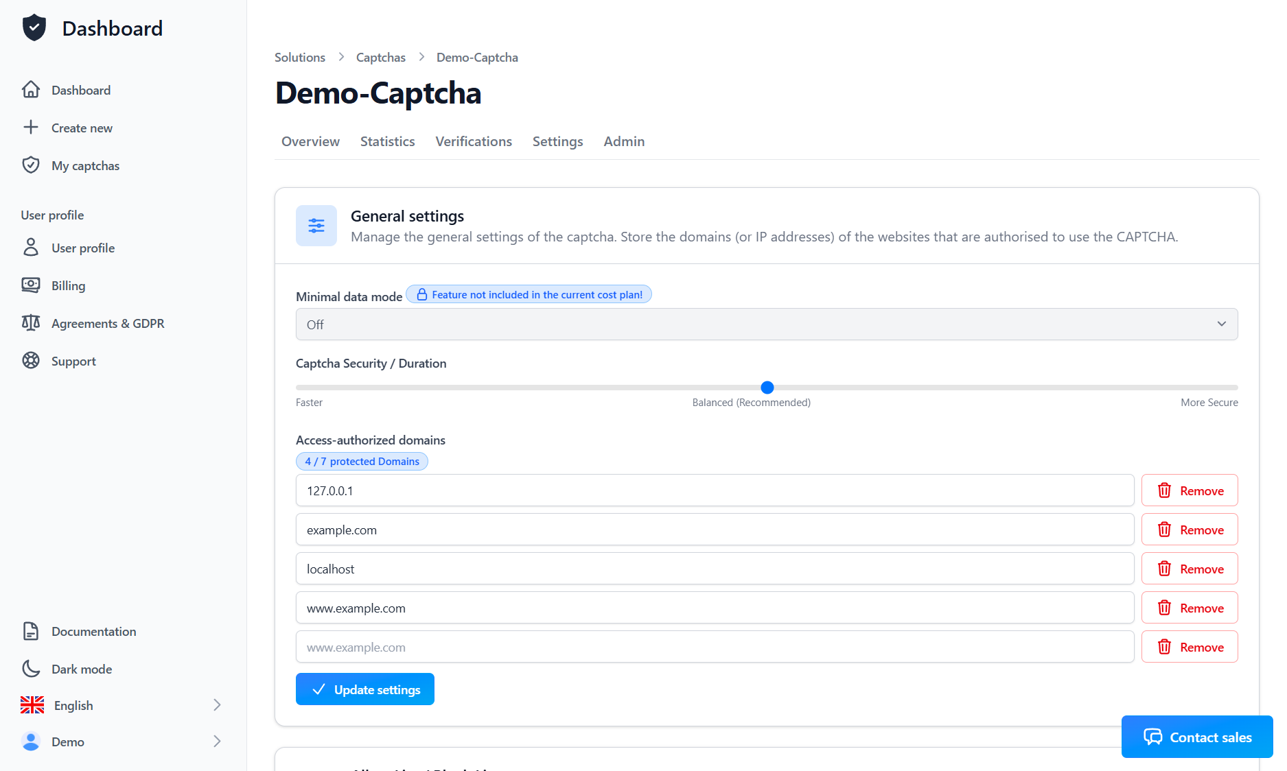 CAPTCHA settings page