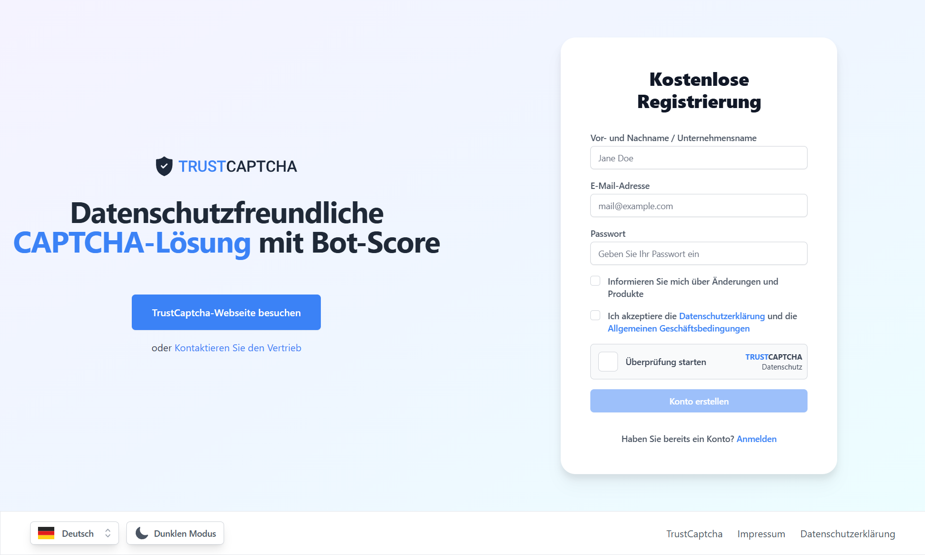TrustCaptcha-Registrierungsseite